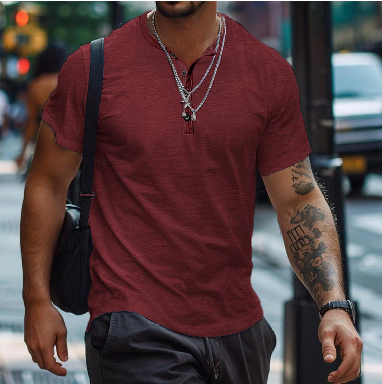Men's Buttoned Neckline Textured Casual Polo Top