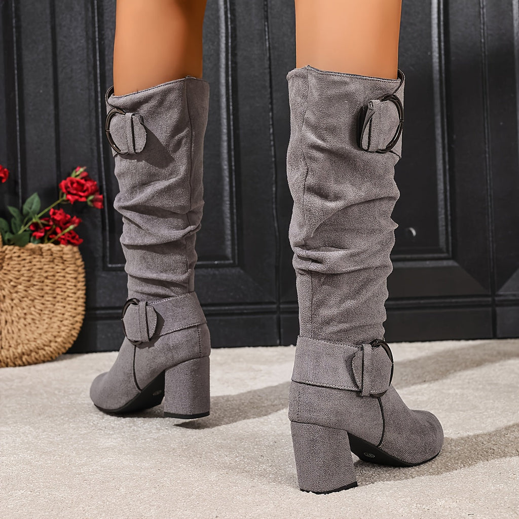 Women's Ruched Shaft Block Heel Tall Boots with Buckles