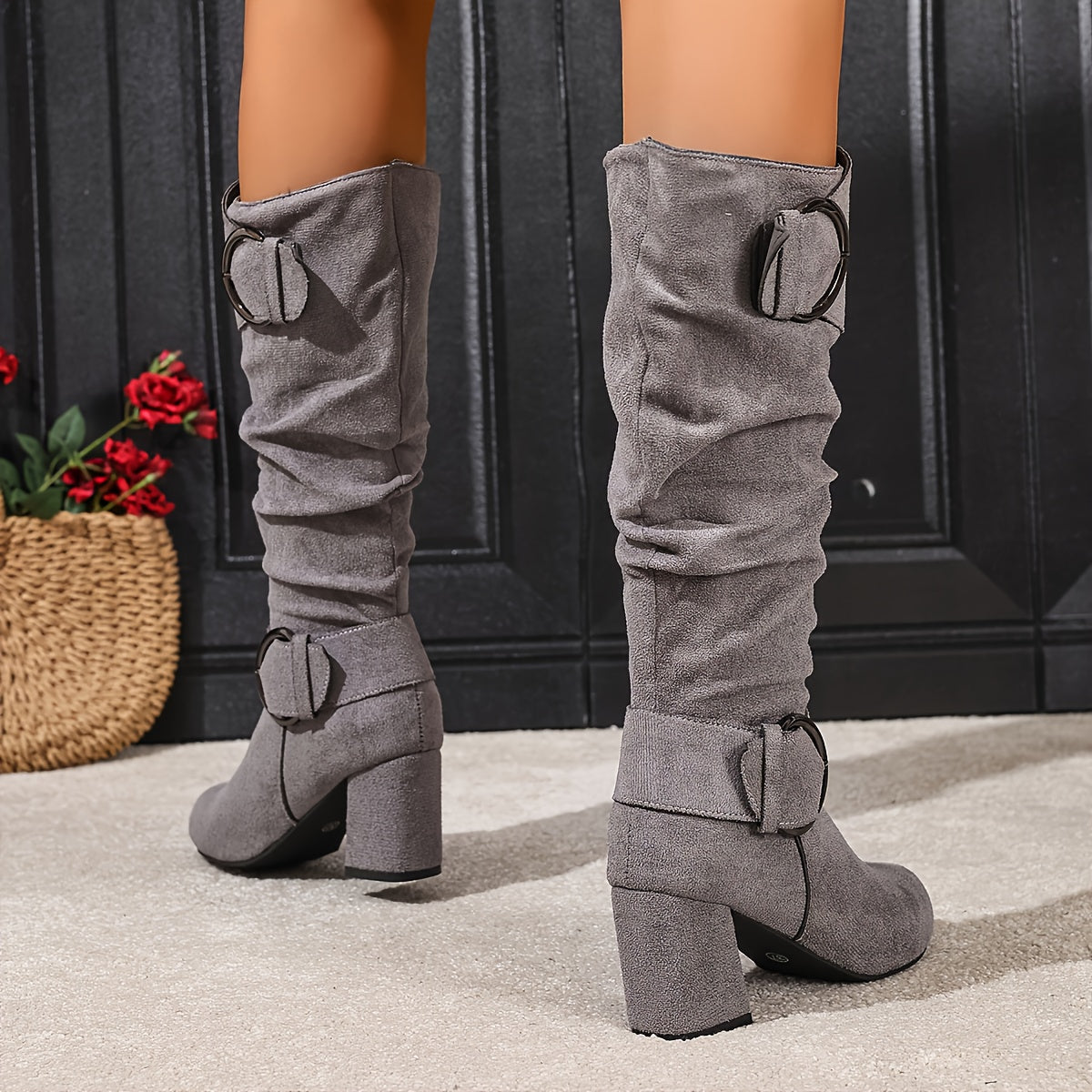 Women's Ruched Shaft Block Heel Tall Boots with Buckles