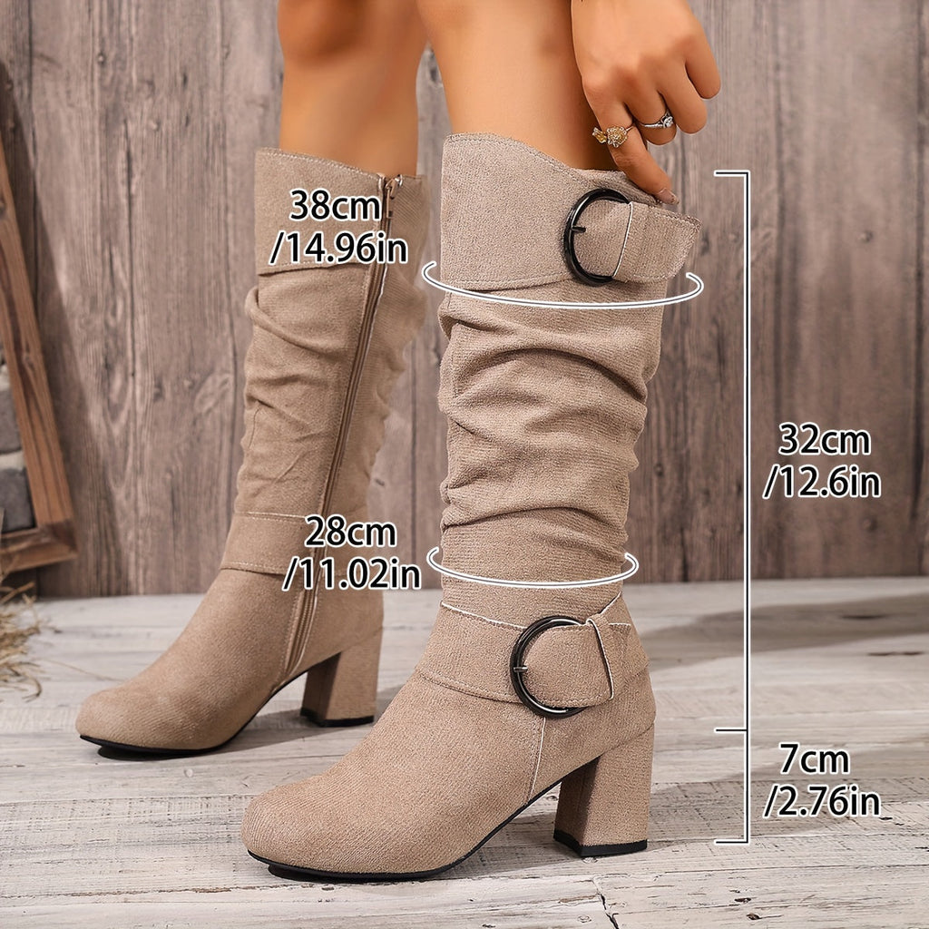 Women's Ruched Shaft Block Heel Tall Boots with Buckles