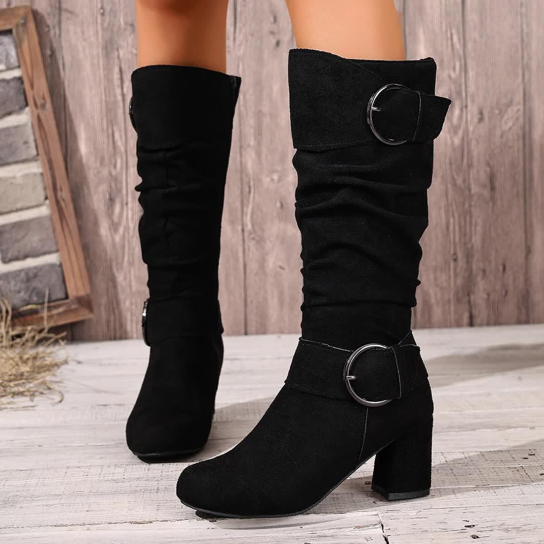 Women's Ruched Shaft Block Heel Tall Boots with Buckles