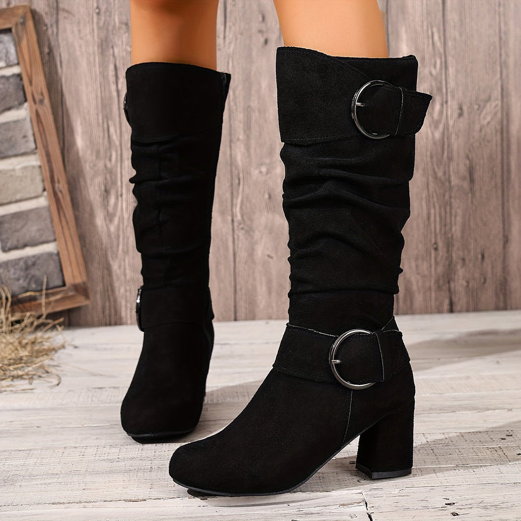 Women's Ruched Shaft Block Heel Tall Boots with Buckles