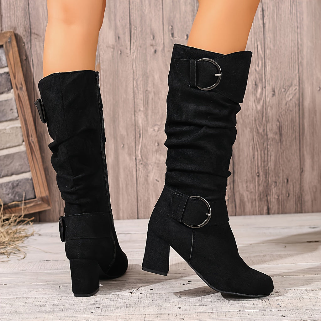 Women's Ruched Shaft Block Heel Tall Boots with Buckles