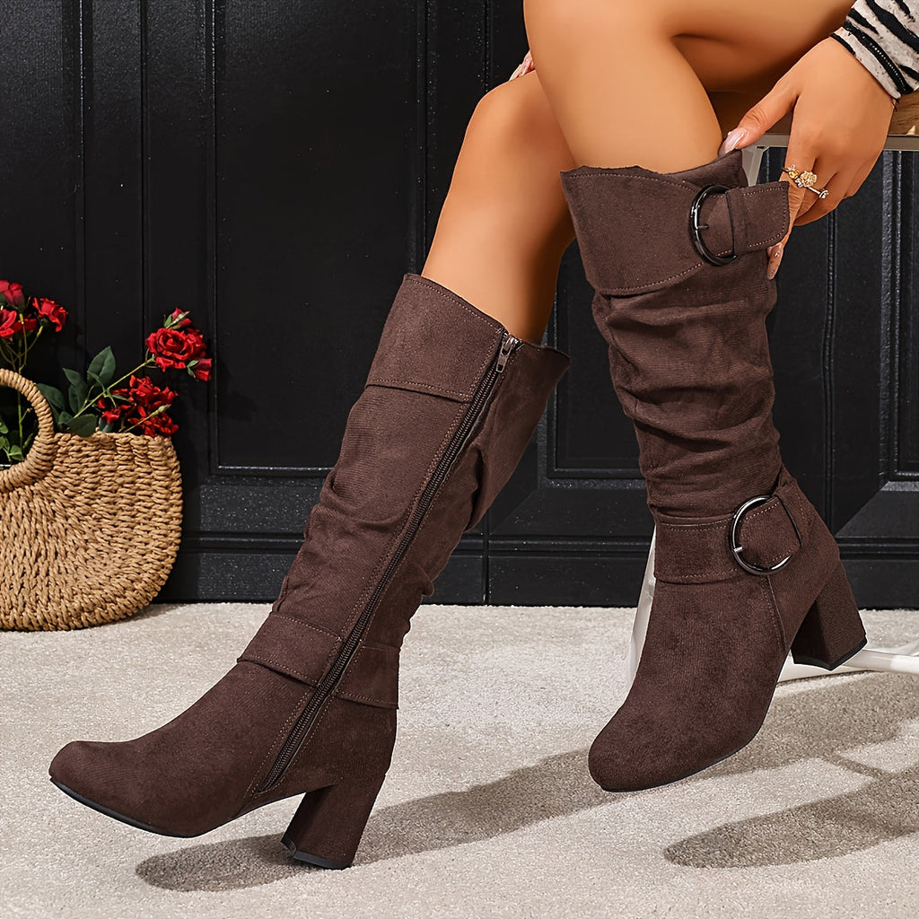 Women's Ruched Shaft Block Heel Tall Boots with Buckles