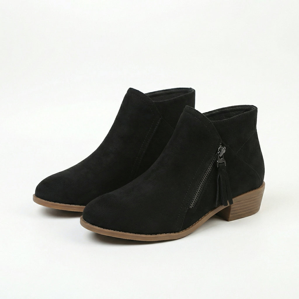 Women's Low Stacked Heel Suede-Look Zip Booties with Tassel