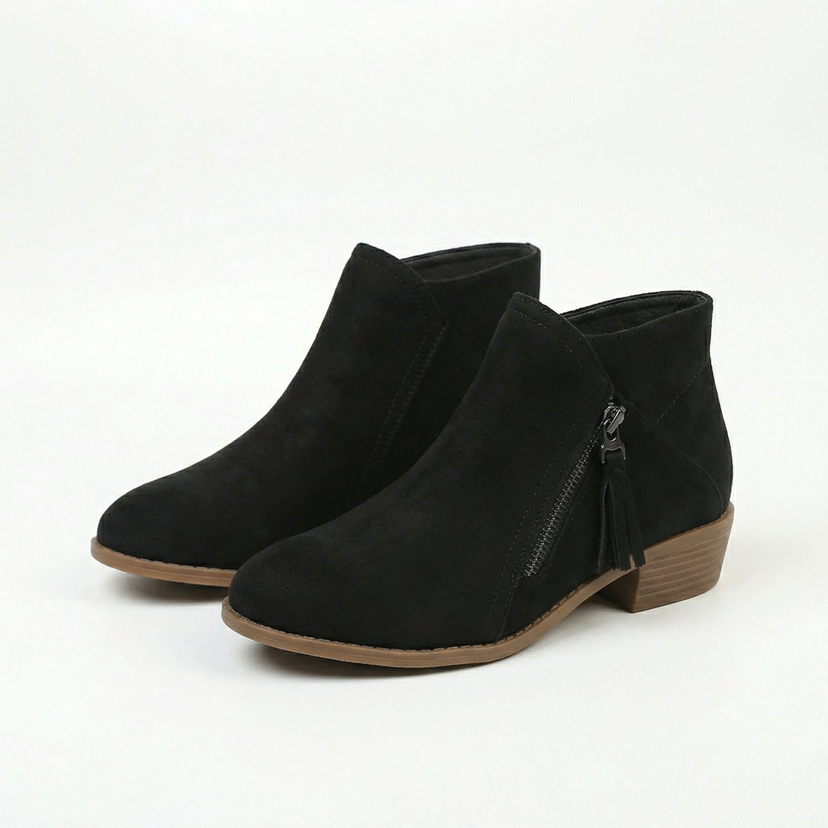 Women's Low Stacked Heel Suede-Look Zip Booties with Tassel