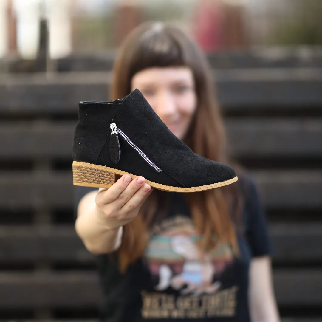 Women's Low Stacked Heel Suede-Look Zip Booties with Tassel