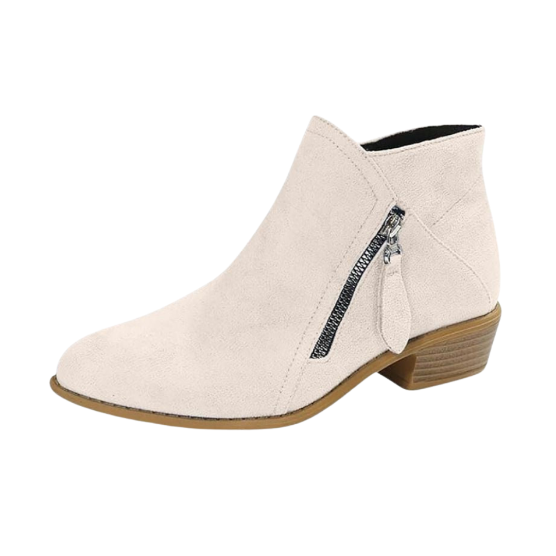 Women's Low Stacked Heel Suede-Look Zip Booties with Tassel