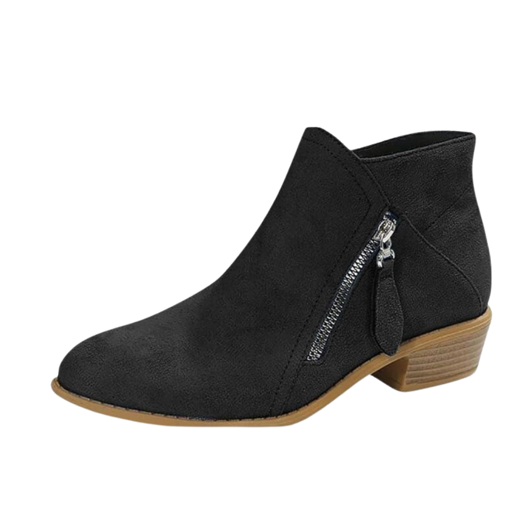 Women's Low Stacked Heel Suede-Look Zip Booties with Tassel