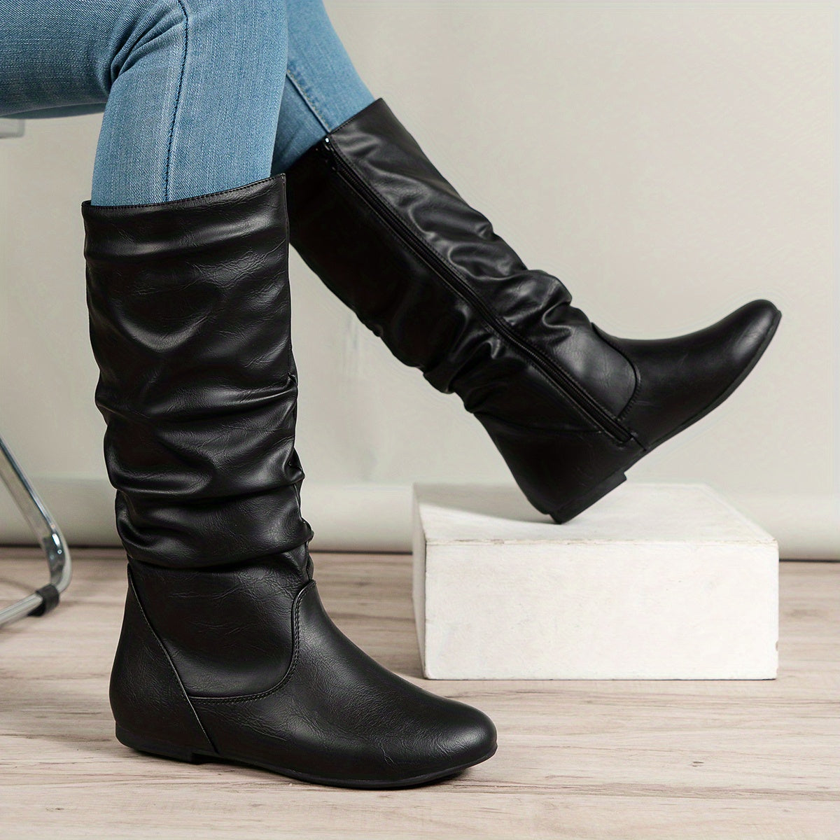 Women's Flat Heel Gathered Slouch Tall Boots