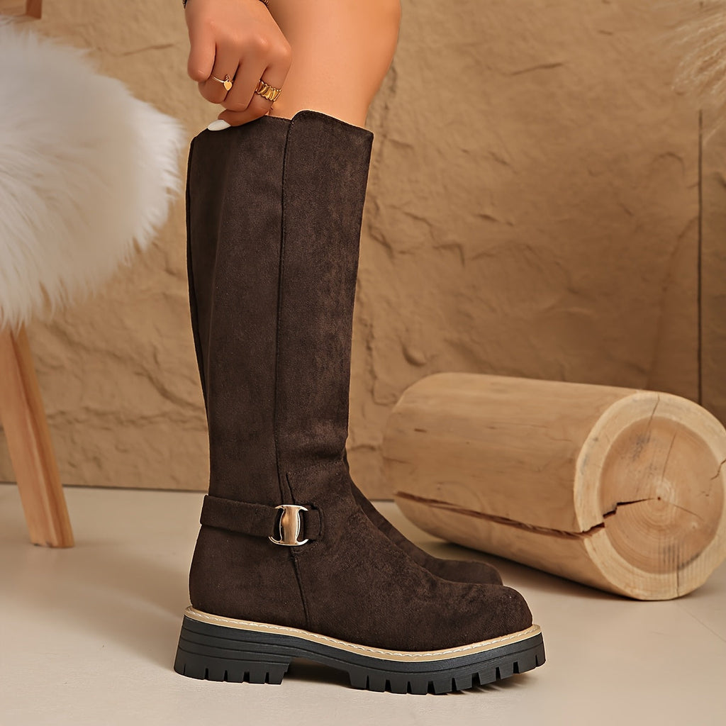Women's Low Block Heel Suede-Look Tall Boots