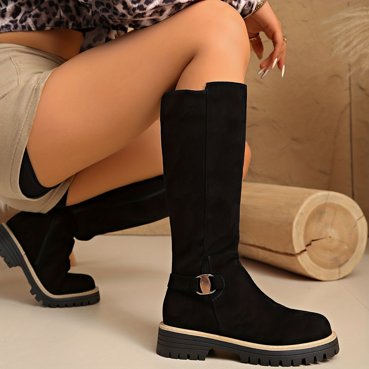 Women's Low Block Heel Suede-Look Tall Boots