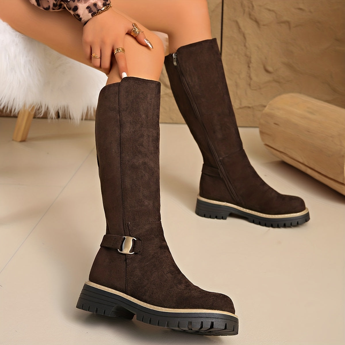 Women's Low Block Heel Suede-Look Tall Boots