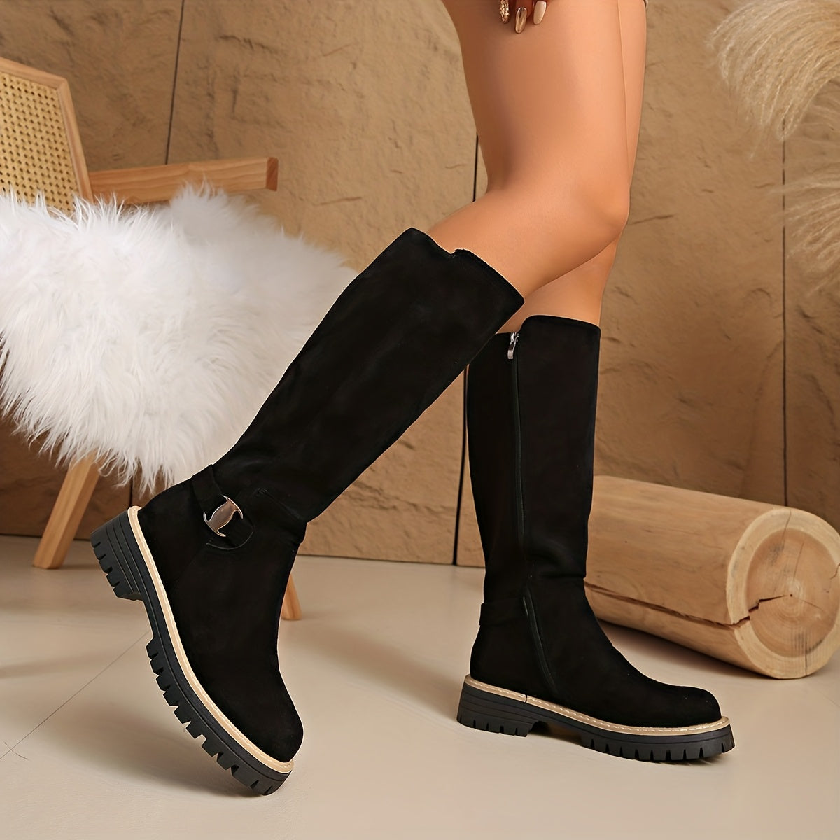 Women's Low Block Heel Suede-Look Tall Boots