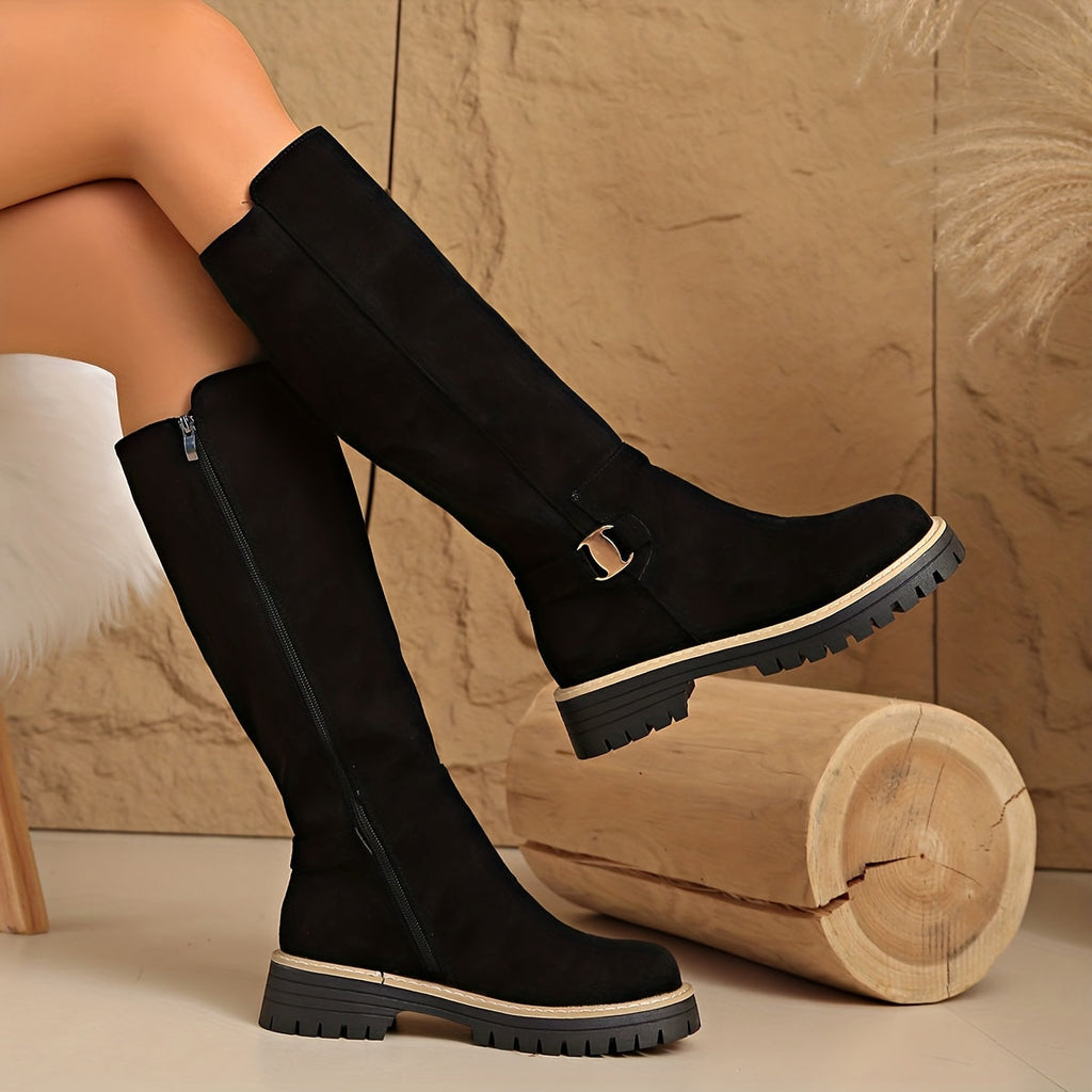 Women's Low Block Heel Suede-Look Tall Boots
