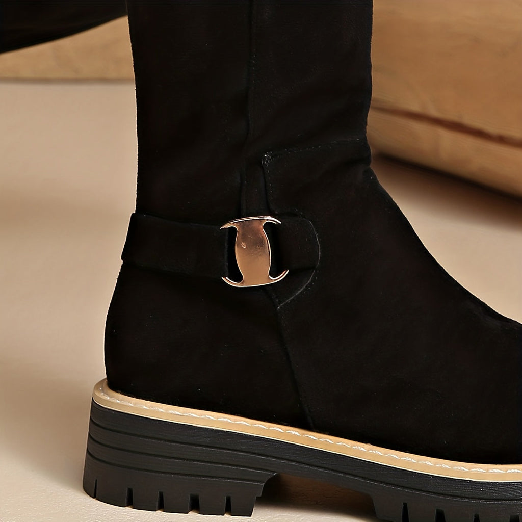 Women's Low Block Heel Suede-Look Tall Boots