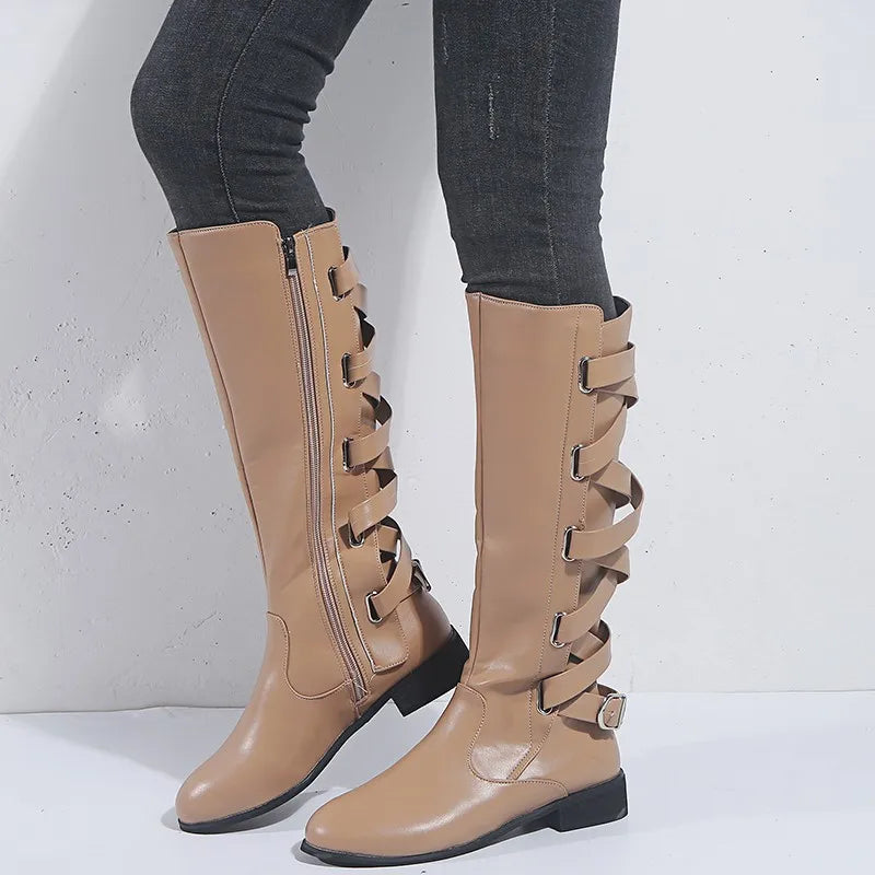 Women's Riding Boots with Knee-High Back Buckles