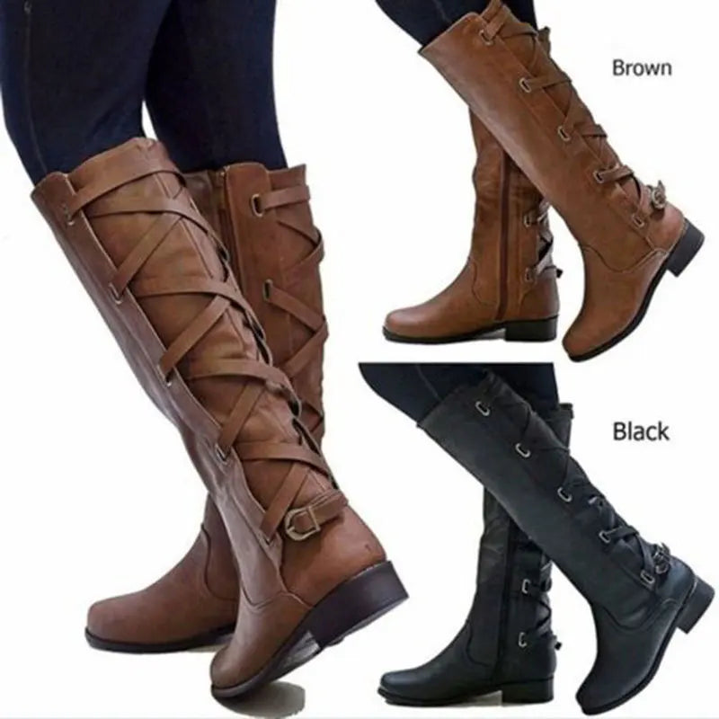 Women's Riding Boots with Knee-High Back Buckles