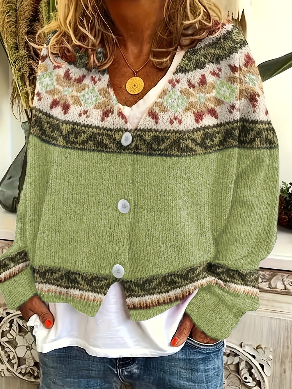 Women's Button-Up Cardigan with Patterned Geometric Yoke