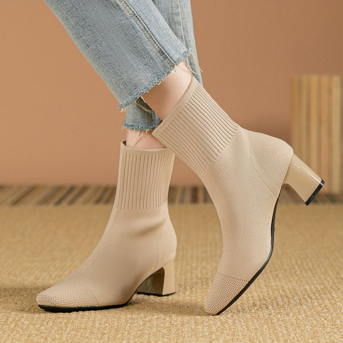 Women's Block Heel Stretch Knit Ankle Booties