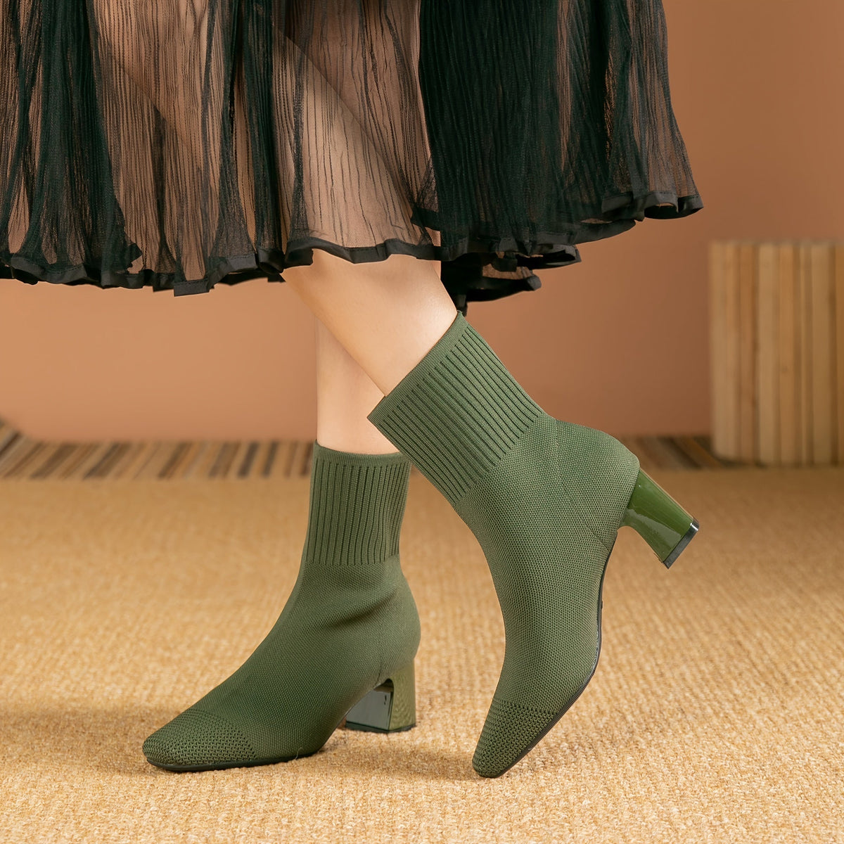 Women's Block Heel Stretch Knit Ankle Booties