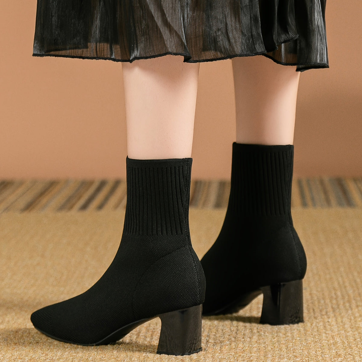 Women's Block Heel Stretch Knit Ankle Booties