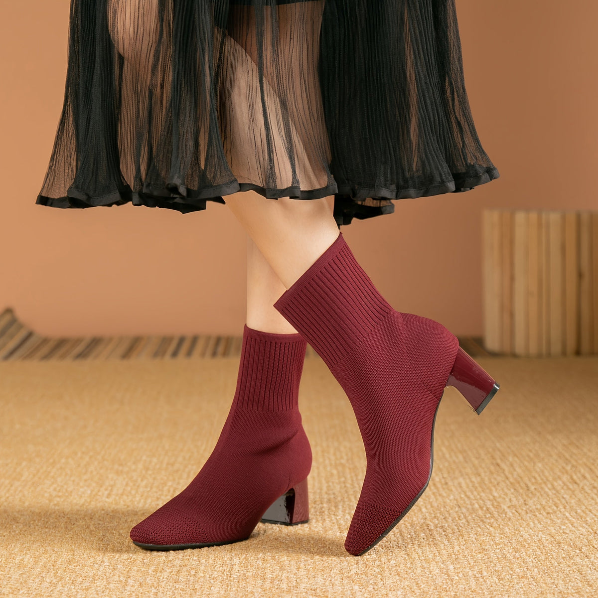 Women's Block Heel Stretch Knit Ankle Booties