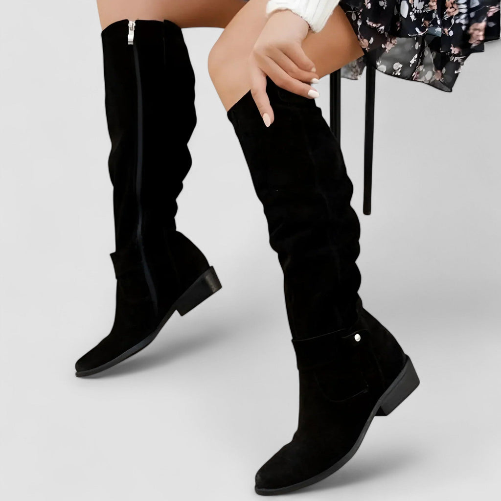 Women's Slouchy Shaft Knee-High Boots with Low Block Heel