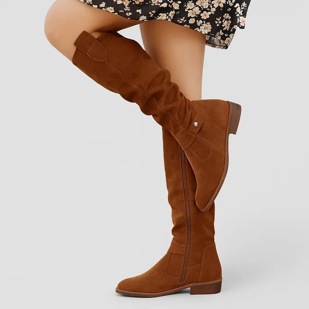 Women's Slouchy Shaft Knee-High Boots with Low Block Heel