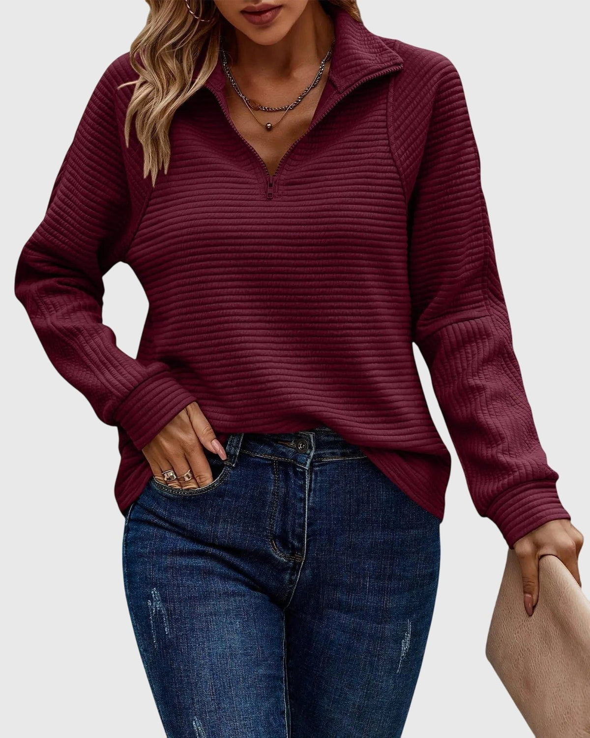 Women's Half-Zip Rib Knit Pullover with Snug Cuffs