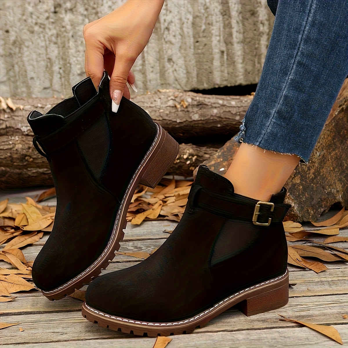 Women's Block Heel Suede-Style Buckle Ankle Booties