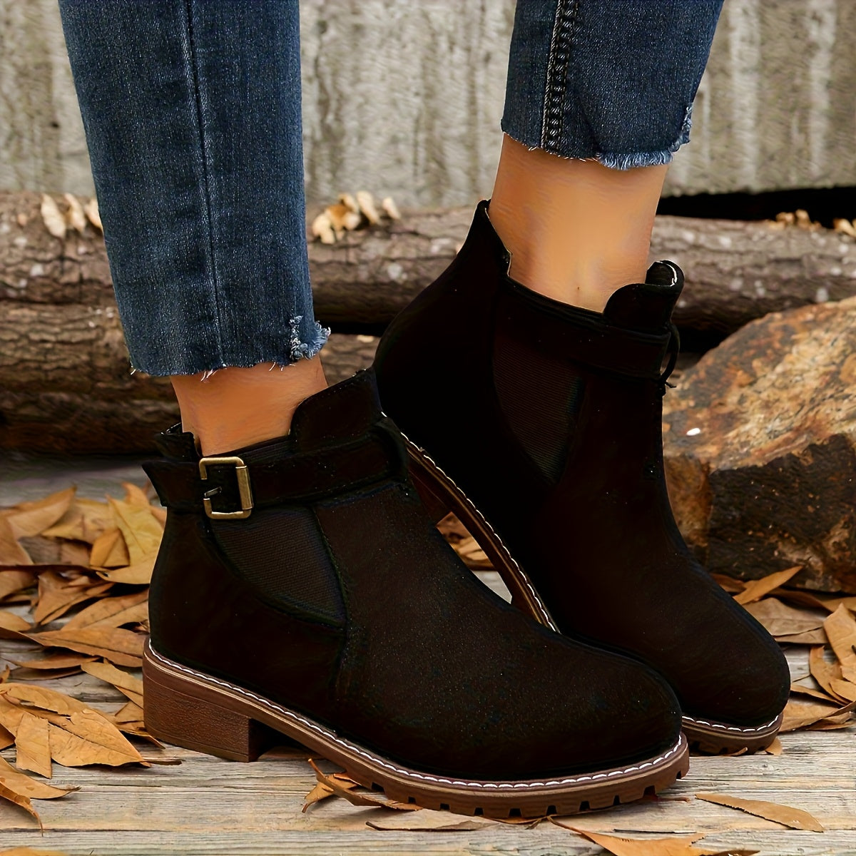 Women's Block Heel Suede-Style Buckle Ankle Booties