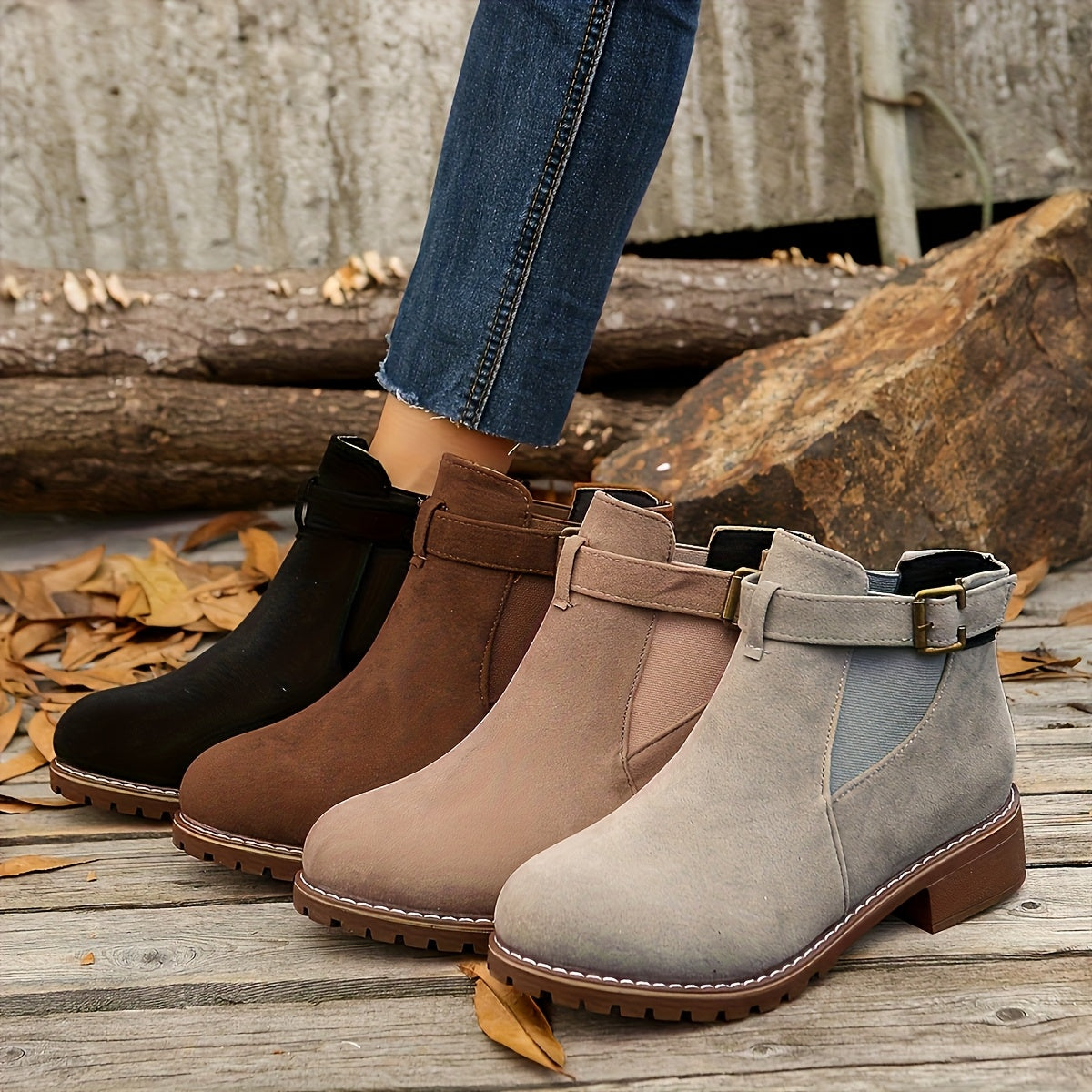 Women's Block Heel Suede-Style Buckle Ankle Booties