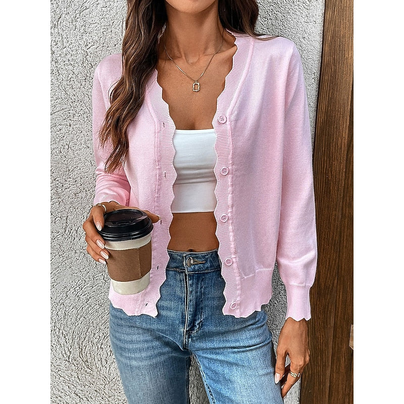 Women's Scalloped Trim V-Neckline Button-Up Knit Cardigan