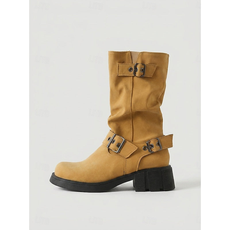 Women's Lug Sole Moto Boots with Chunky Block Heel