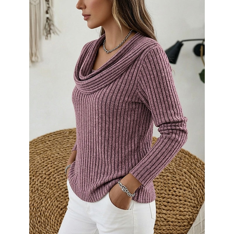 Women's Draped Cowl Neckline Soft Ribbed Pullover
