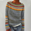 Women's Ribbed Knit Pullover with Crew Neck and Stripes