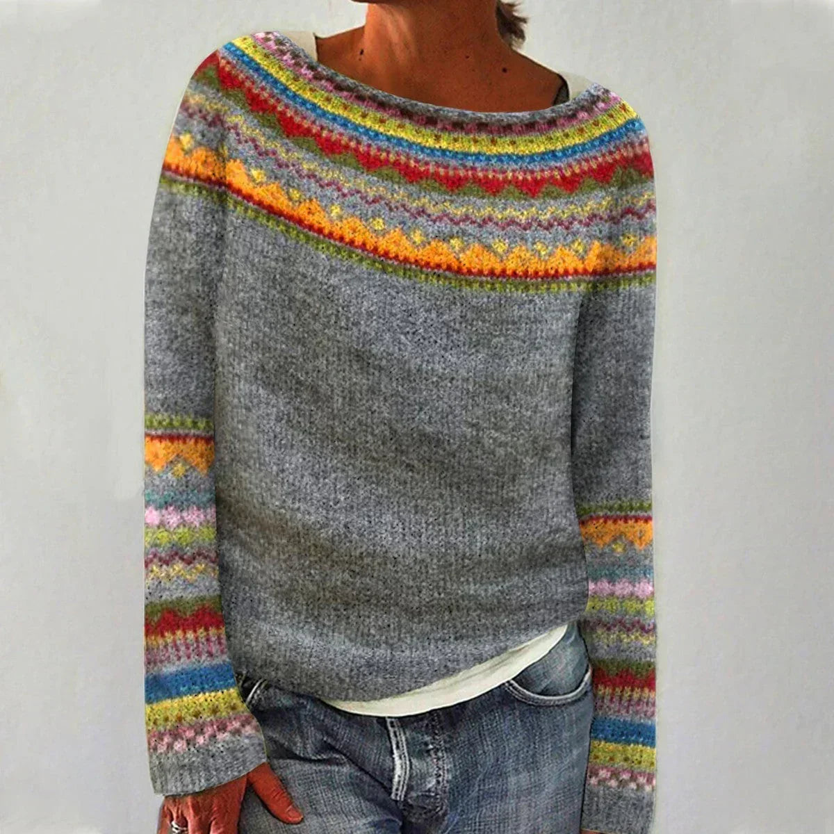 Women's Ribbed Knit Pullover with Crew Neck and Stripes