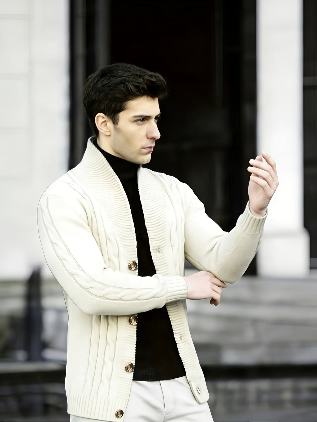 Men's Cable-Knit Shawl Collar Button-Front Sweater Cardigan