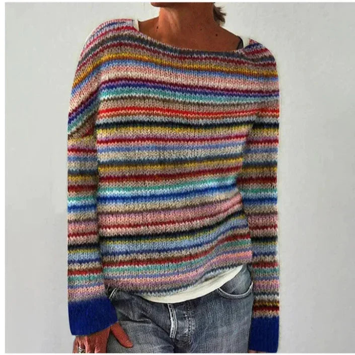 Women's Ribbed Knit Pullover with Crew Neck and Stripes