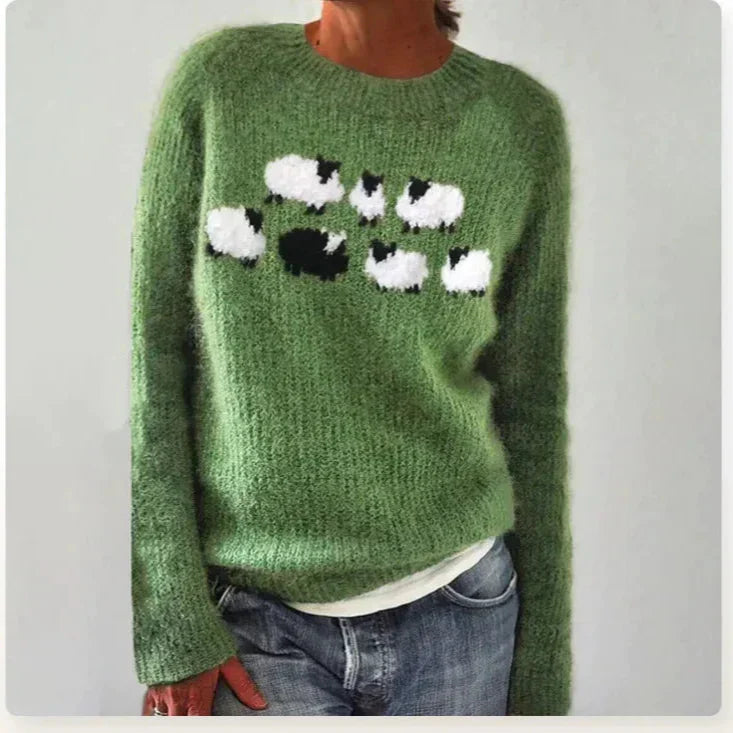 Women's Ribbed Knit Pullover with Crew Neck and Stripes