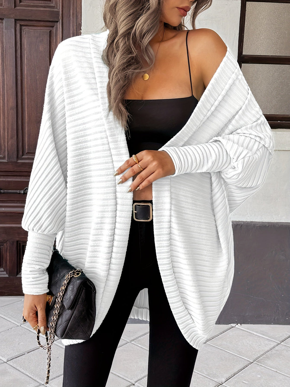 Women's Ribbed Draped Cardigan with Open Front