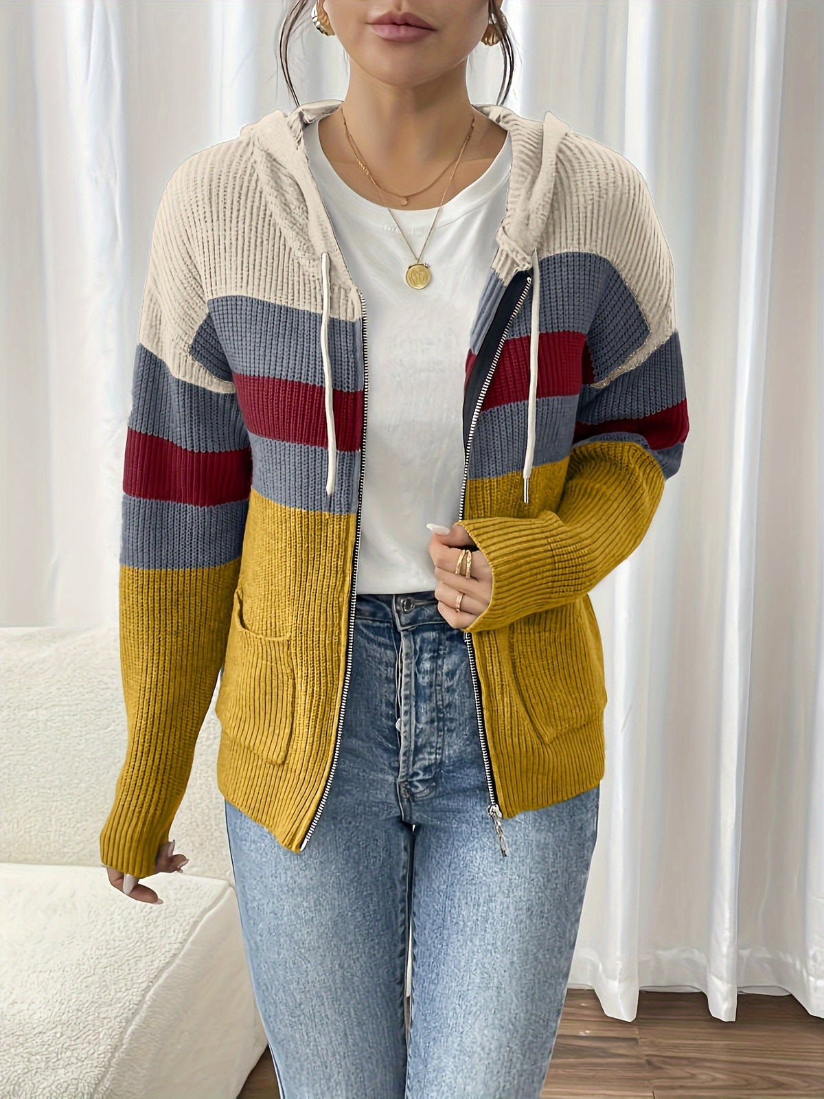 Women's Hooded Ribbed Knit Full-Zip Layering Cardigan