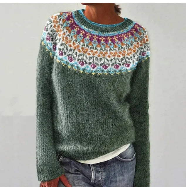 Women's Ribbed Knit Pullover with Crew Neck and Stripes