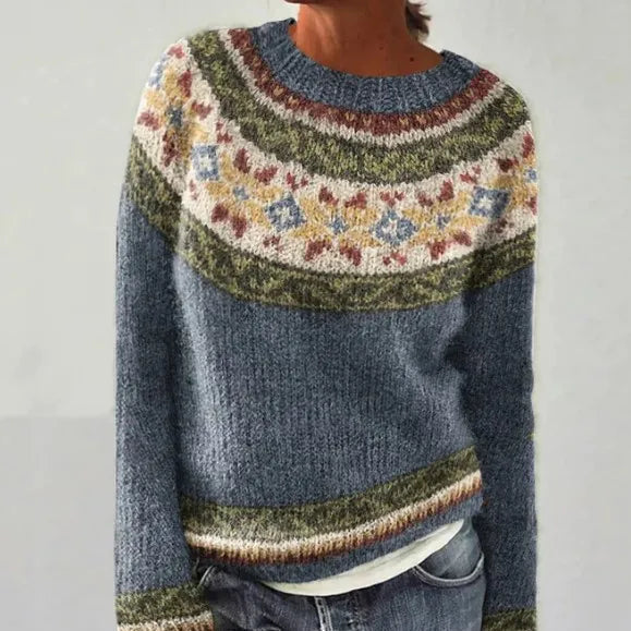 Women's Ribbed Knit Pullover with Crew Neck and Stripes