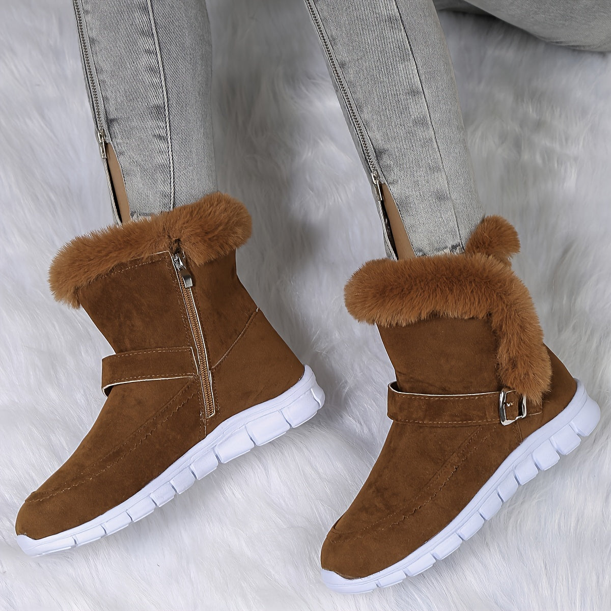 Women's Buckle Detail Ankle Booties with Plush Lining