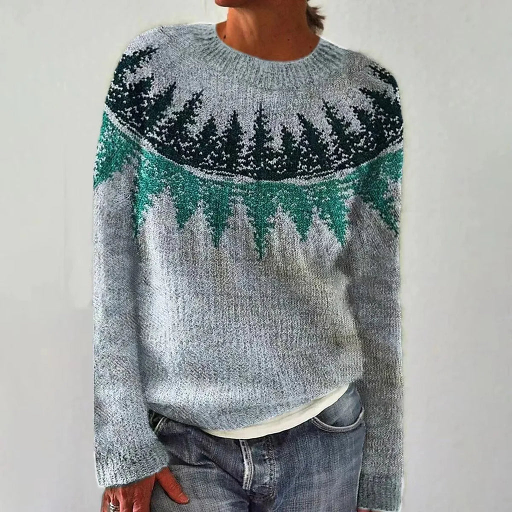 Women's Ribbed Knit Pullover with Crew Neck and Stripes
