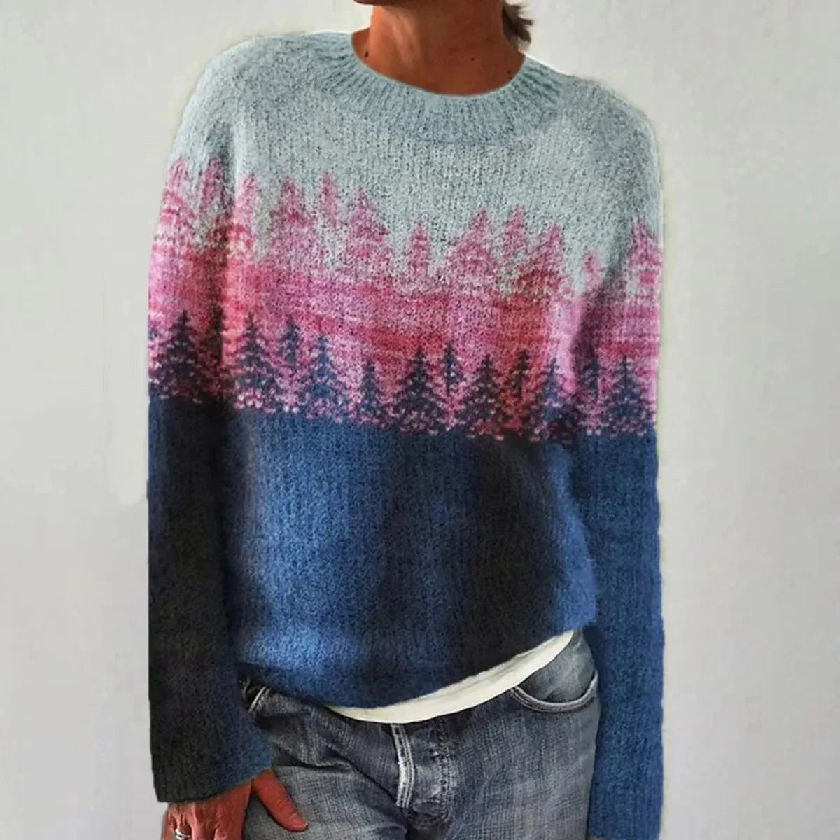 Women's Ribbed Knit Pullover with Crew Neck and Stripes