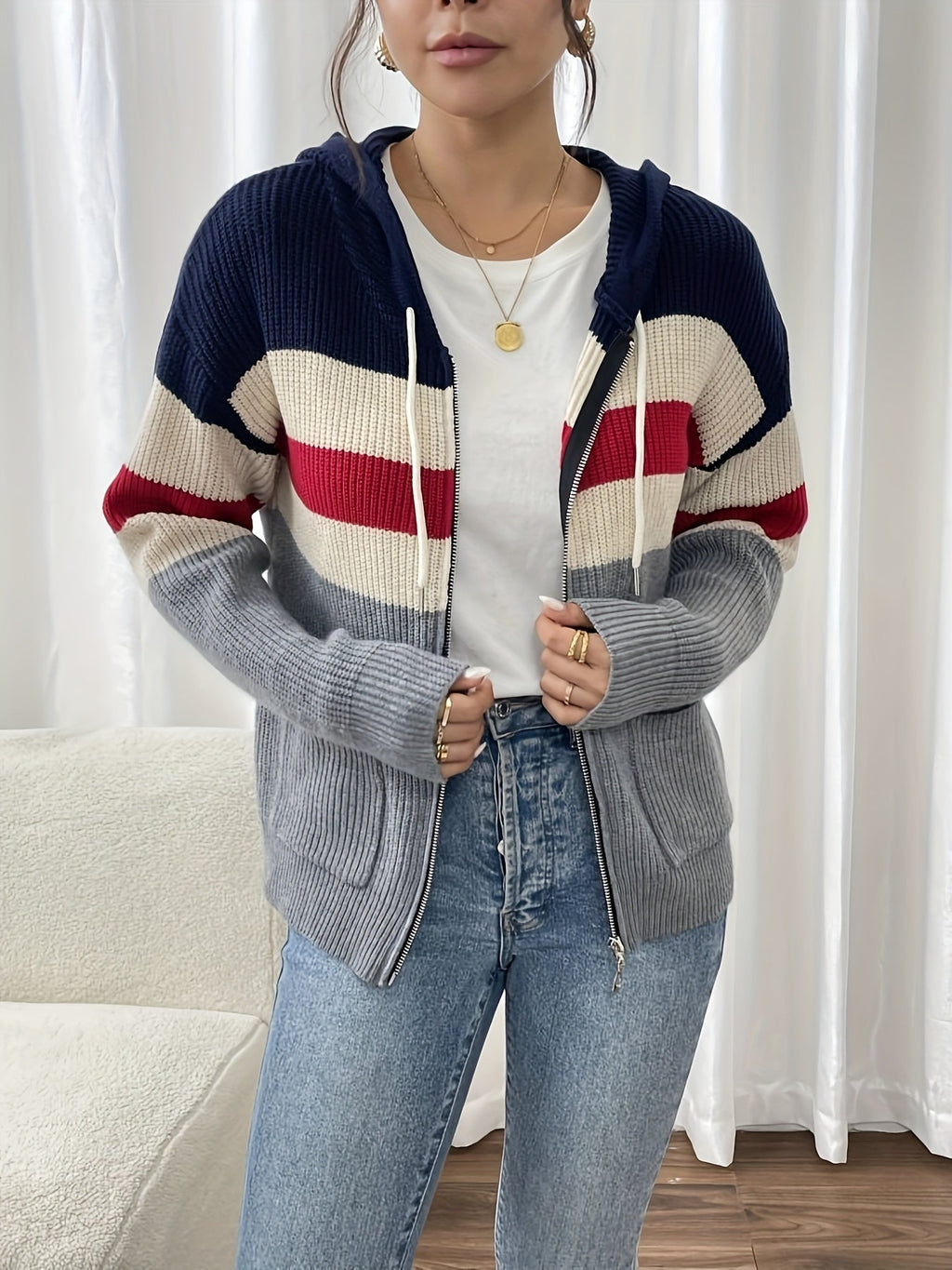 Women's Hooded Ribbed Knit Full-Zip Layering Cardigan
