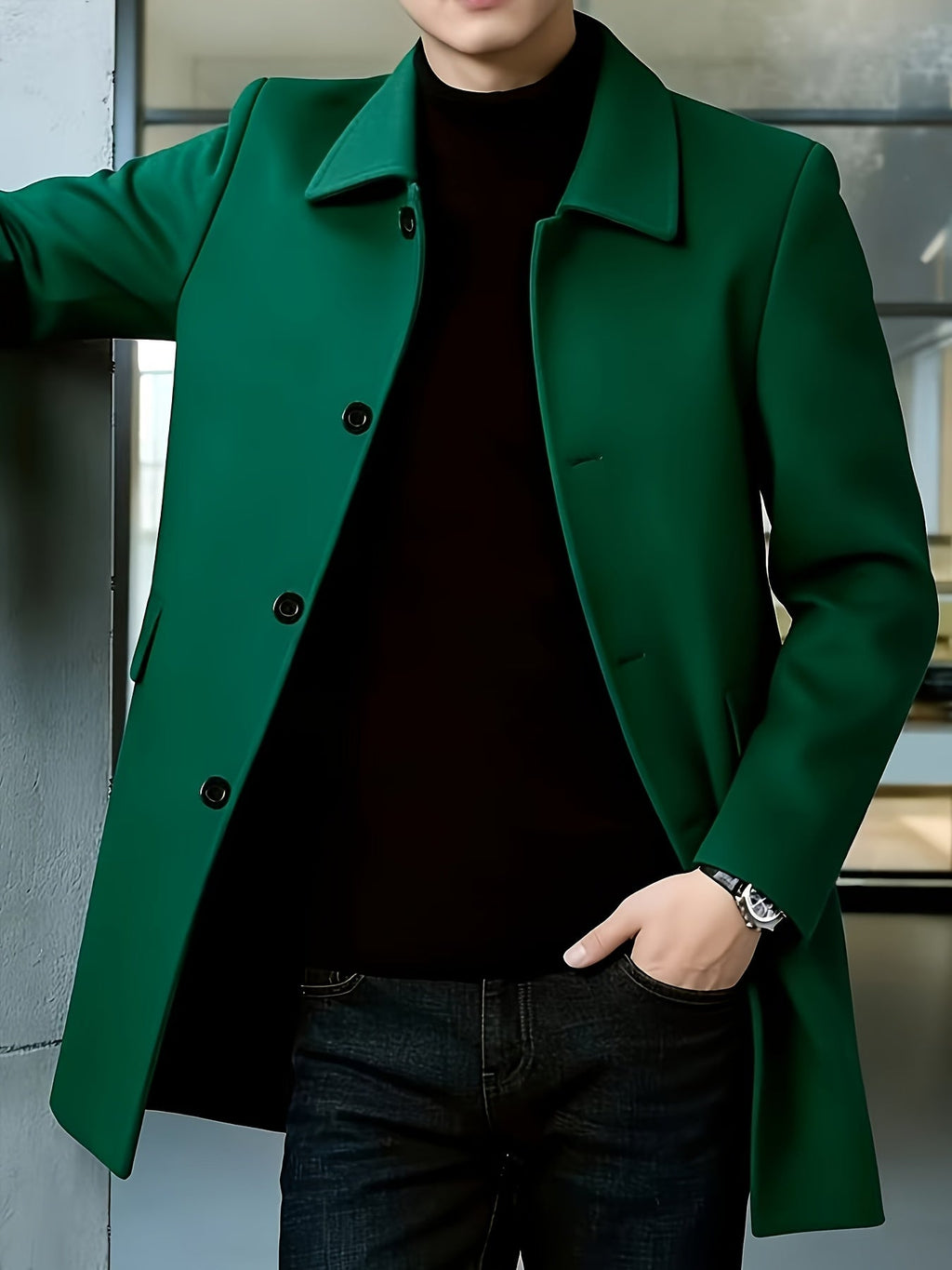 Men's Single-Breasted Refined Topcoat with Side Pockets